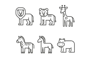 Cute cartoon animal illustrations featuring a lion, tiger, giraffe, zebra, and hippopotamus in simple line art
