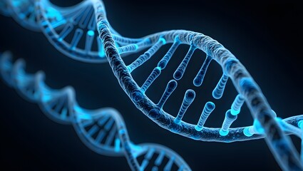 Glowing blue dna double helix structure against a dark background