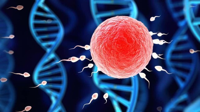 Sperm cells are shown swimming toward an egg cell in a detailed digital animation. The visuals highlight the intricate processes involved in fertilization and genetic combination