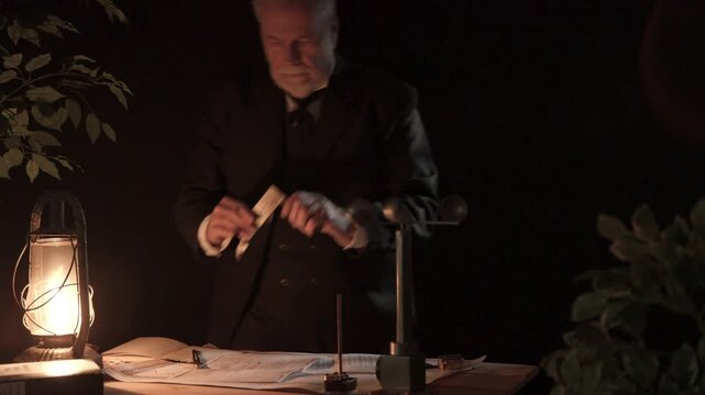 vintage meteorologist using a sling psychrometer to measure humidity