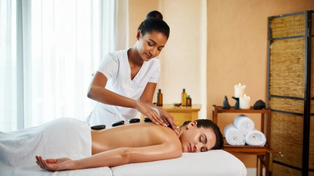 A skilled therapist performs a hot stone massage on a client, creating an atmosphere of relaxation and calm at a serene spa location in the afternoon