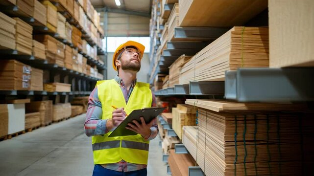 A worker wearing a safety vest and hard hat is reviewing stock levels in a lumber storage area. They appear focused while jotting down important information on a clipboard