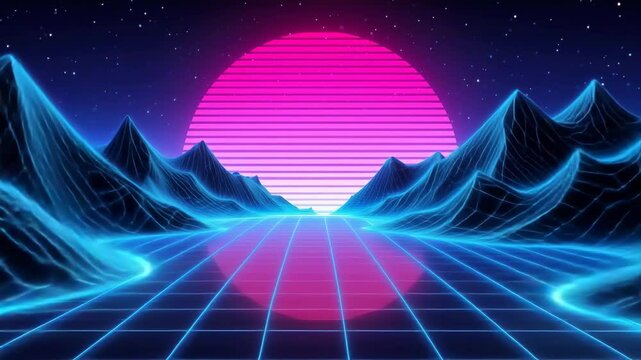 Experience a mesmerizing neon landscape showcasing a vivid pink sunset over wireframe mountains. This digital art transports viewers to a retro-futuristic world