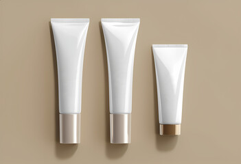 Three elegantly designed cosmetic tubes in chic colors are displayed against a soft background that enhances them