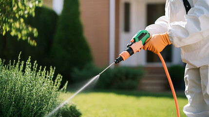 Pest control worker sprays pesticides. The person wears protective clothing and gloves. Professional insecticide spraying on plants for a residential property