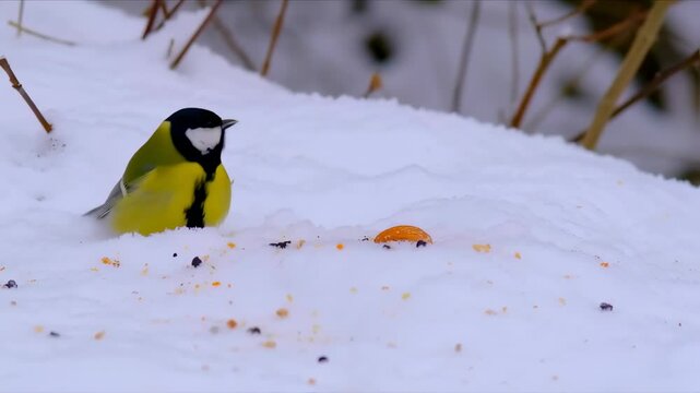 Two Great Tits Feeding in Snowy Landscape