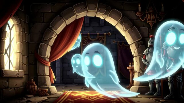 Cartoon castle interior featuring a knight two ghost figures stone arch and red carpet