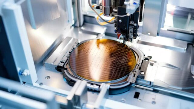 Explore the intricate process of semiconductor manufacturing as machinery works on silicon wafers. This high-tech facility operates efficiently to create cutting-edge technology