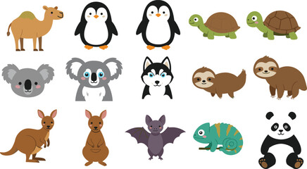 Fototapeta premium Cute animals cad drawing flat vector illustration, cartoon-style wild creatures in rows, front view sketch layout for educational use