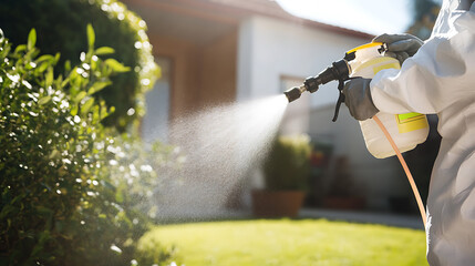 Pest Control: A worker in protective gear sprays pesticide on a garden hedge, safeguarding the plants from insects and diseases. Preventative care for a healthy garden.