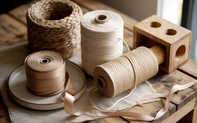 Natural crafting supplies including twine ribbon and woven basket on wooden surface