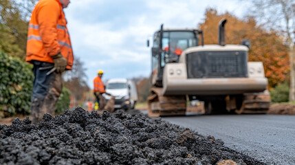 Roadwork in Progress: Construction crew working on asphalt paving with machinery, ensuring smooth surfaces & infrastructure repair. Road safety first.