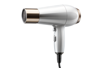 Close up of a sleek white and gold hair dryer against a white  background