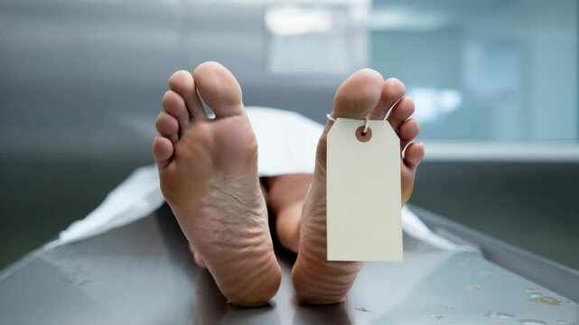 A deceased individual lies on a cold morgue table, covered with a white sheet. A plain identification tag hangs from the ankle, illustrating a somber setting