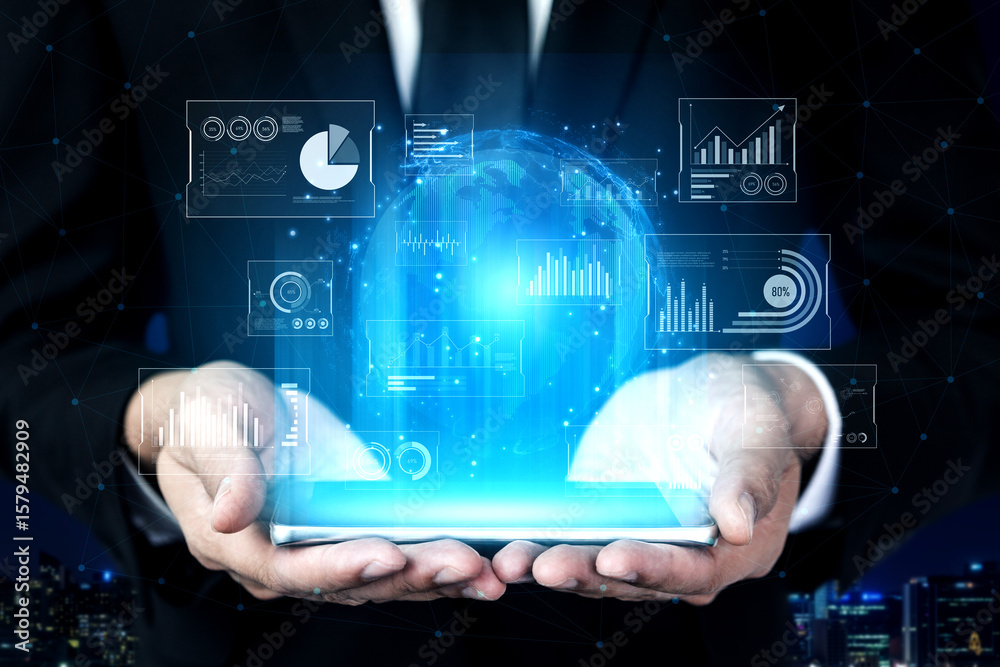 Poster real-time global data analytics dashboard visualizing insights from interconnected systems for decis