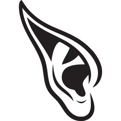 A stylized black and white illustration of an elf ear with a pointed tip facing the upper left on transparent background