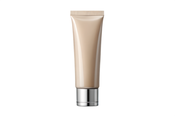 Close-up of a beige cosmetic tube with a silver cap on a white background