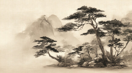 Sepia toned landscape painting with trees and misty mountains in the background art illustration