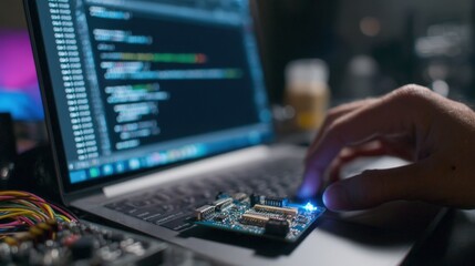 Technician Flashing Firmware on Embedded Board with Command Lines on Laptop