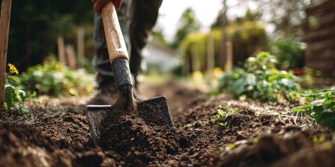A Dedicated Gardener Enthusiastically Digging the Earth in a Lush Backyard Garden with a Shovel and Rake