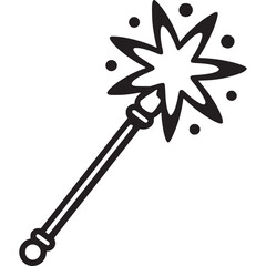 A simple black and white drawing of a magic wand with a starburst and small dots around it on white on transparent background