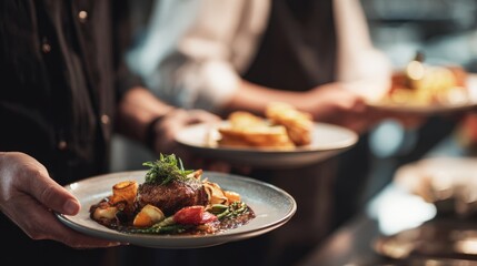 First-person view of waiter serving gourmet dish to eager guests at restaurant