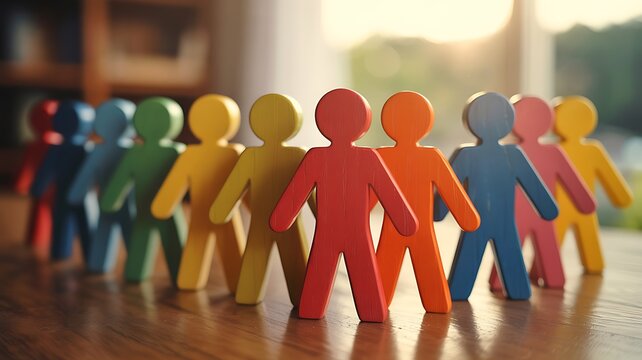 Diverse group of colorful wooden figures standing together in unity and teamwork