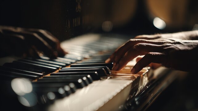 First-person view of pianist's hands playing grand piano in dim concert lighting - Powered by Adobe