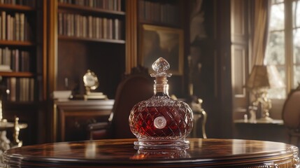 Elegant crystal decanter with rich amber liquid displayed in a vintage library setting during afternoon light