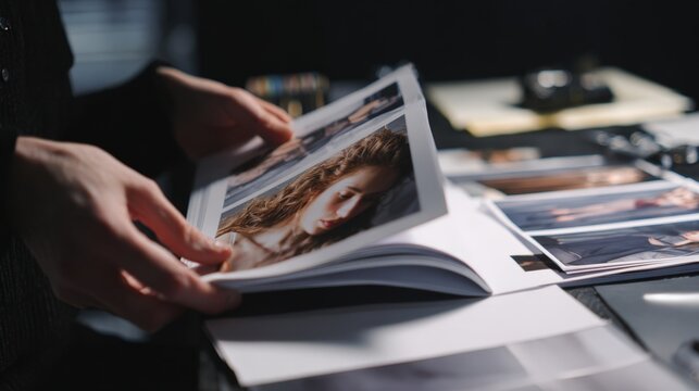 First-person view of hands flipping through a fashion portfolio at a casting session
