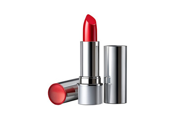 Obraz premium A close up of red lipstick with silver casing and cap on a white background
