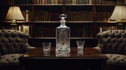 Fototapeta premium Elegant whiskey decanter set on a polished table in a cozy library with vintage books at night
