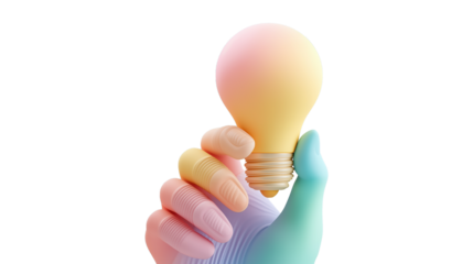 3D Pastel Hand Holding a Light Bulb – Creative Idea and Innovation Symbol

