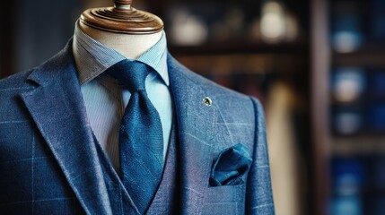 Stylish Tailor Suit Displayed on Mannequin in Atelier, Featuring Rich Blue Background and Detailed Closeup of Fine Apparel