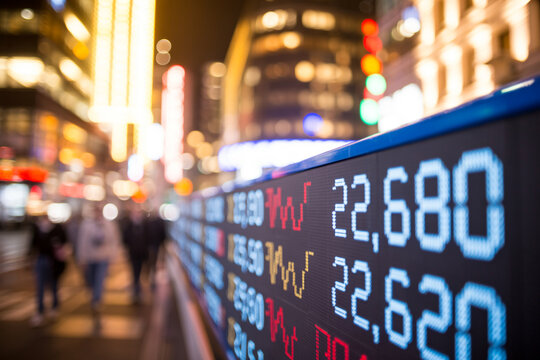 Nighttime cityscape with glowing stock market ticker display