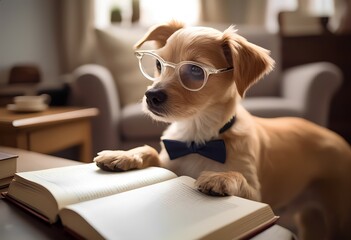 In a cozy living room, a charming dog wearing glasses and a stylish bow tie intently studies an open book