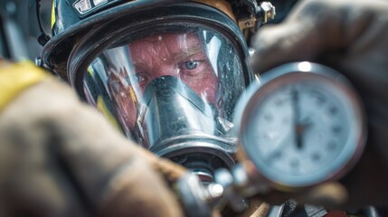 Fototapeta premium First-person View of Firefighter Checking Air Tank Pressure Gauge
