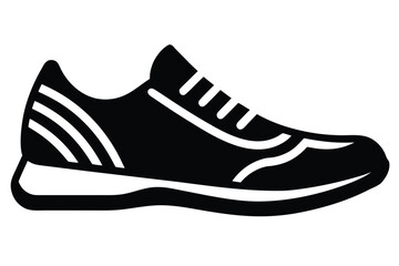 Simple black and white icon of a modern athletic running shoe