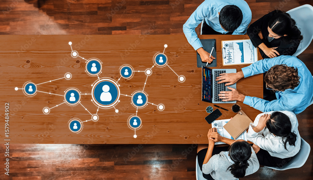 Poster overview of a business meeting emphasizing networking and data analysis, showcasing diverse professi
