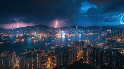 Night cityscape panorama with vibrant lightning illuminating a harbor and dense high-rise buildings under a stormy sky