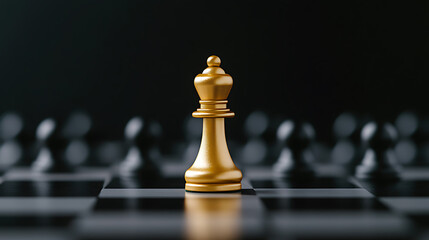 Golden chess piece leading black pawns. Represents strategy, leadership, and standing out from the crowd. A winning move on the board.