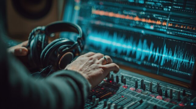 Sound Engineer Adjusting EQ Levels on Digital Audio Workstation - Powered by Adobe