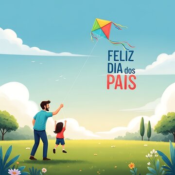 Feliz dia dos pais father and daughter flying kite in park happy fathers day illustration vector 