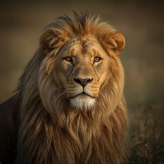 A African lion with golden fur glows in soft  warm light and positioned in a serene  natural setting  perhaps a savannah or grassland