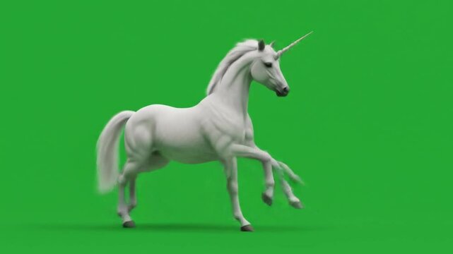 A white unicorn with a horn running on a green screen background in a studio setting animation