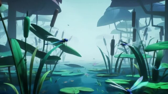Cartoon swamp with lily pads cattails and two cartoon dragonflies