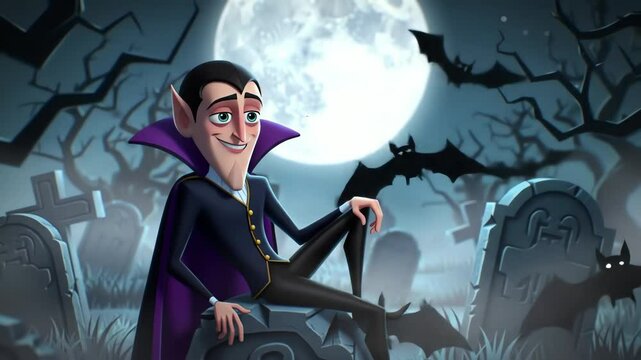 Cartoon vampire sits smiling in a spooky graveyard beneath a full moon and amongst gravestones and a bat