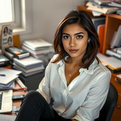 portrait of a young woman in a library