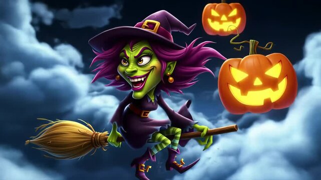 Cartoon witch flies on broomstick near pumpkins