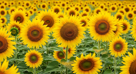 Obraz premium A vibrant field of sunflowers basks in the summer sun, showcasing the beauty of nature and the abundance of agricultural cultivation
